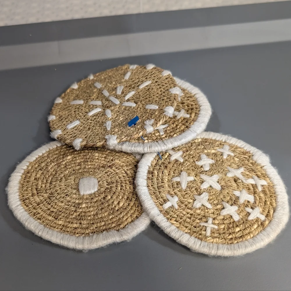Handcrafted Bloomingville Seagrass Jute‎ Coasters with White Stitching